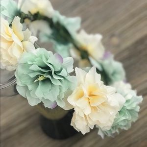 Pastel Mint Ivory Floral Crown Headband Bridal